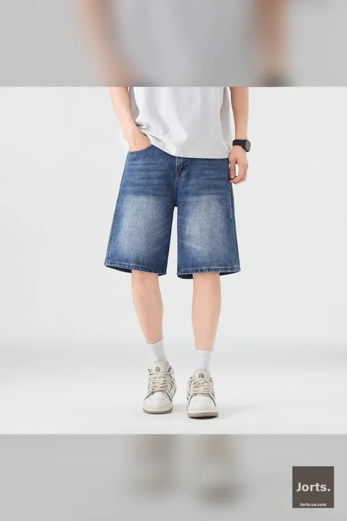 Baggy denim shorts styled for summer street style, emphasizing their casual and wearable appeal.