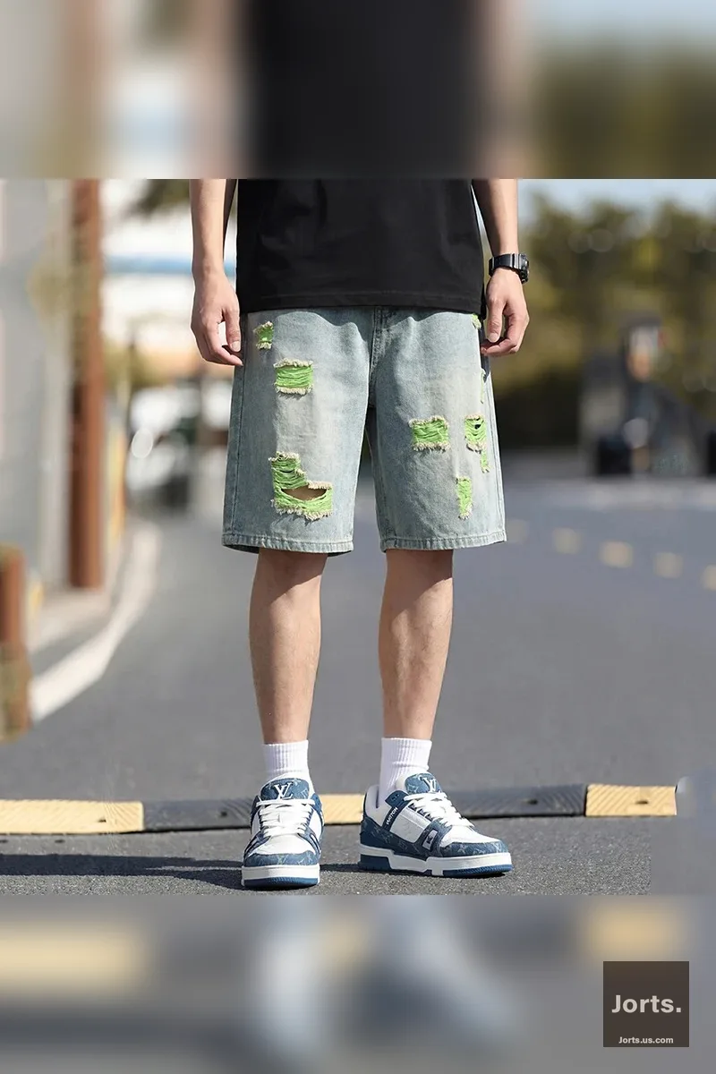 Vintage Colorful Ripped Jorts - Baggy Distressed Denim
