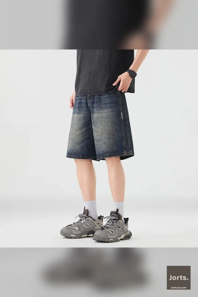 Side profile of knee-length streetwear denim shorts on a model, highlighting the relaxed fit.