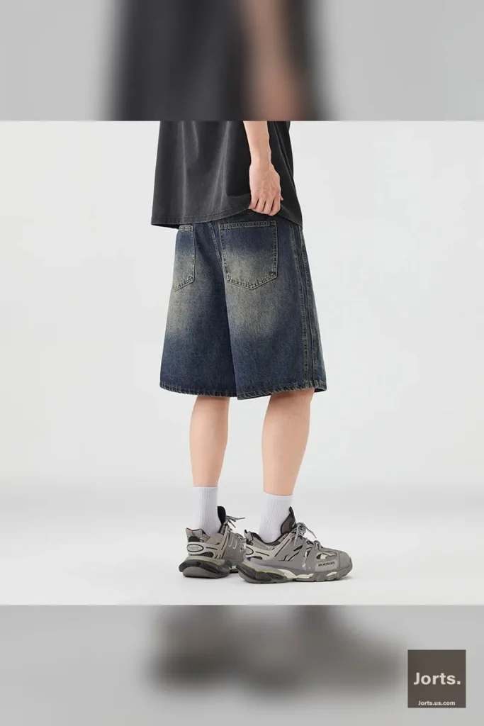 Model wearing loose straight leg denim shorts, demonstrating the knee-length cut and comfortable fit.