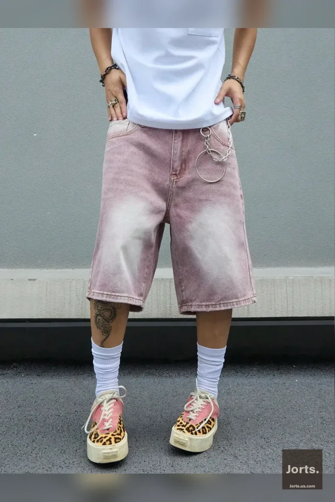 Back view of pink gradient baggy jorts, highlighting the vintage wash and relaxed streetwear aesthetic.