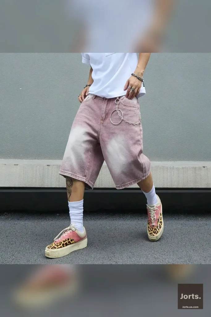Texture shot of the cotton blend fabric on the pink gradient baggy jorts, showing material quality.