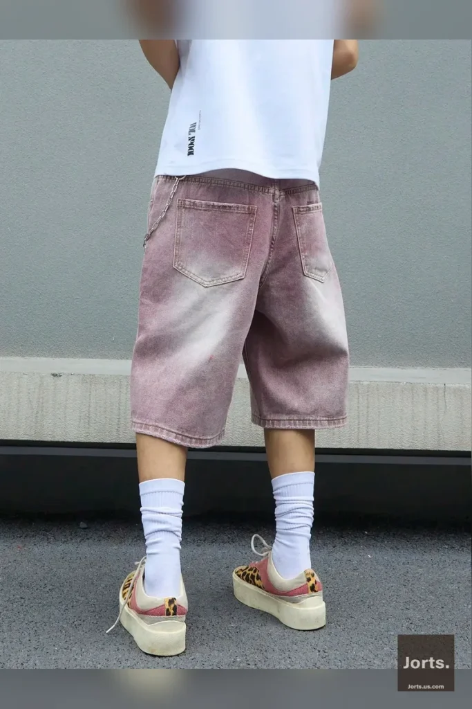 Side profile of men's oversized pink gradient denim shorts, showcasing the wide-leg and knee-length fit.