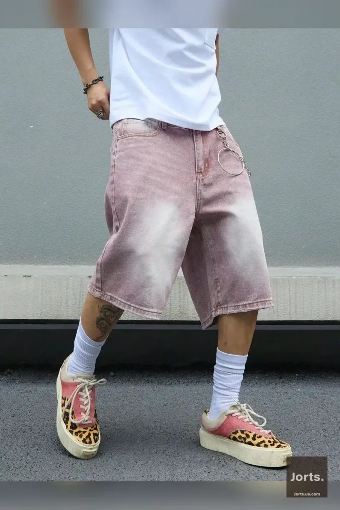 Detail of the mid-waistband and zipper fly closure on the men's pink gradient denim jorts.