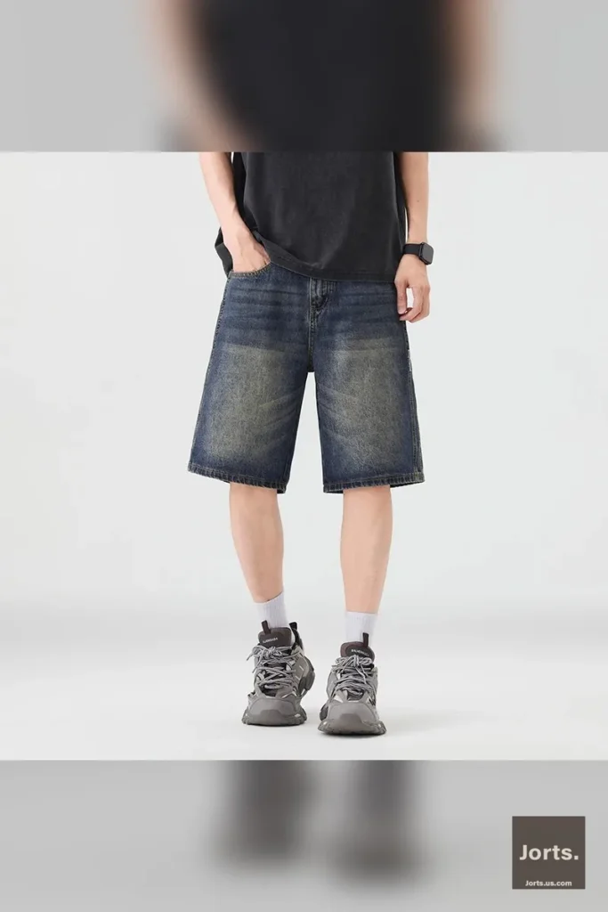Detail shot of the zipper fly and mid-waist design on retro blue baggy denim shorts.