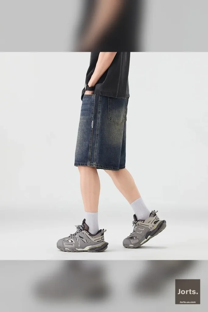 Close-up detail of the stonewashed fabric on men's baggy denim jorts, showing texture and color.