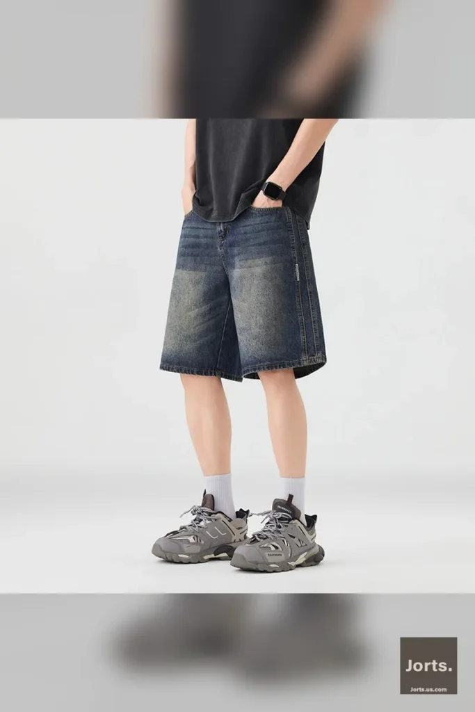 Front view of men's vintage baggy denim bermuda shorts in retro blue, showing loose fit and knee length.