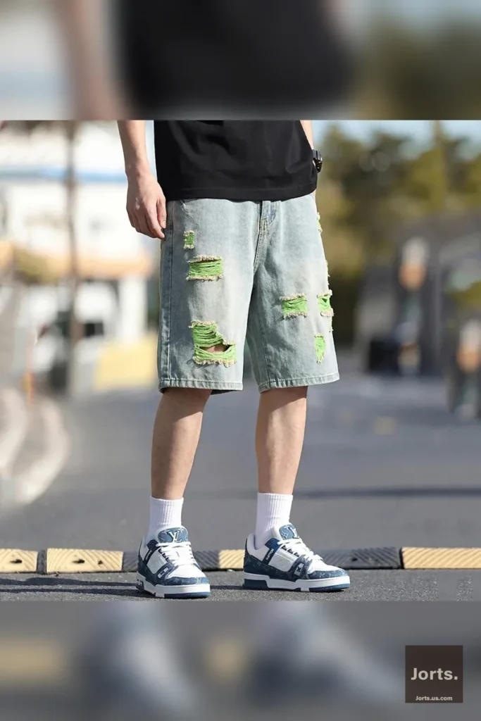 Men's vintage colorful ripped jorts with green lining, back view, showing patchwork