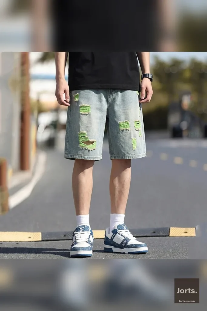 Men's vintage colorful ripped jorts with green lining, front view, baggy fit