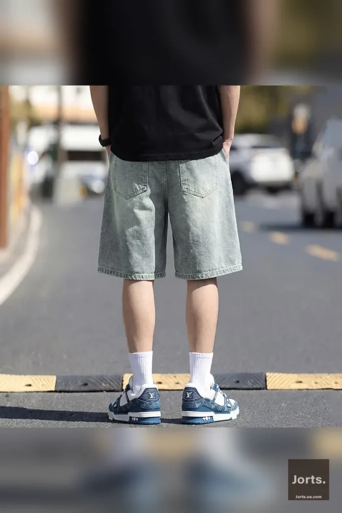 Close-up of green colorful lining and distressed detail on vintage jorts
