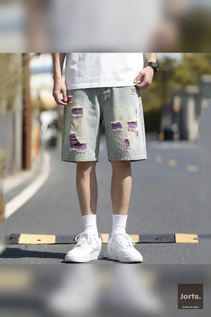 Close-up of orange colorful lining and distressed detail on vintage jorts