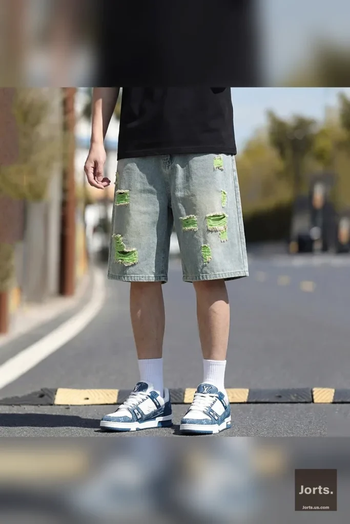 Detail of the elastic waist and closure on vintage colorful ripped jorts