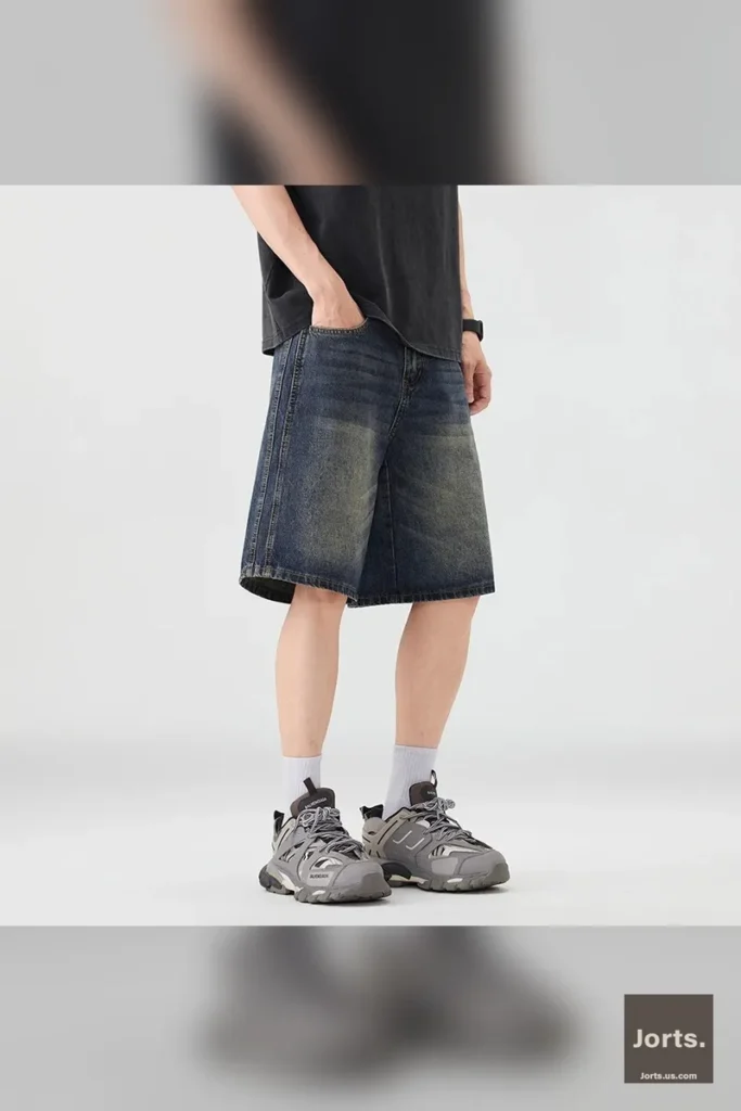 Back view of Y2K-inspired baggy denim bermuda shorts, focusing on the back pockets and loose cut.